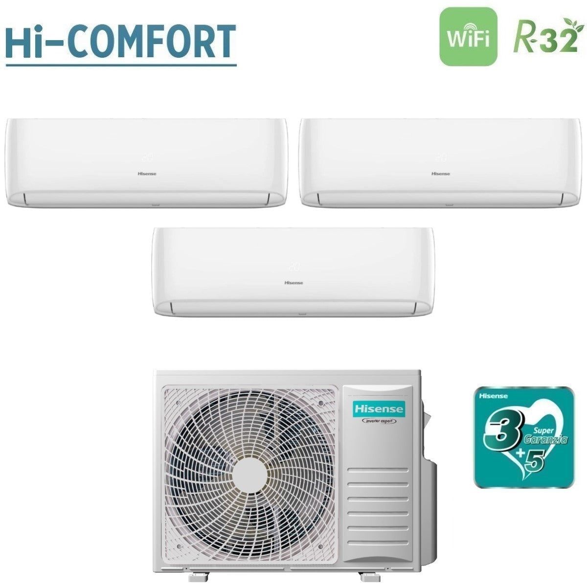 climatizzatore condizionatore hisense trial split inverter serie hi comfort 7_7_12 con 3amw62u4rfa r 32 wi fi integrato 7000_7000_12000 novita