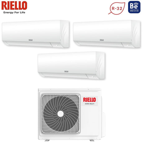 climatizzatore condizionatore riello trial split inverter serie aaria plus 12_12_12 con aaria multi 355 p r 32 wi fi optional 12000_12000_12000
