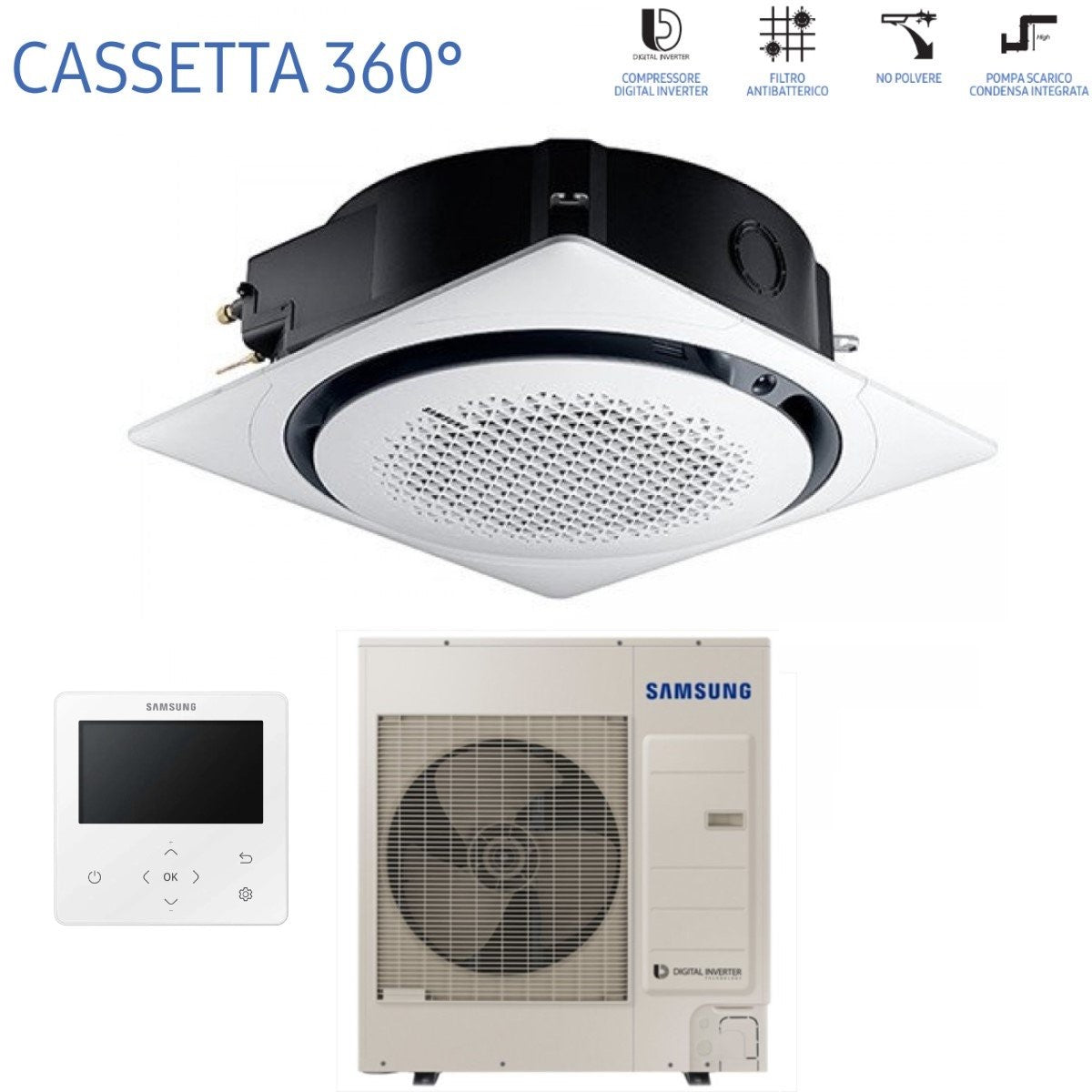 climatizzatore condizionatore samsung inverter cassetta 360 30000 btu ac090mn4pkh eu monofase r 410 wi fi optional con comando a filo e griglia circolare bianca