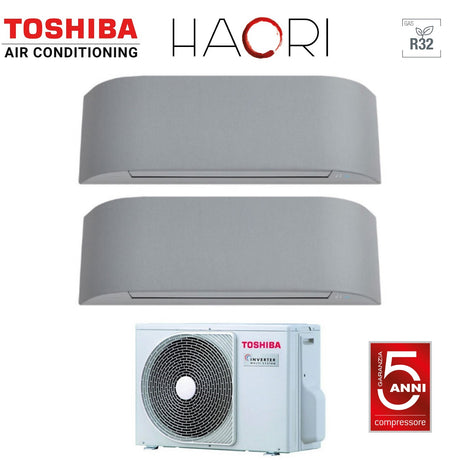 climatizzatore condizionatore toshiba dual split inverter serie haori 10_13 9_12 con ras 2m18u2avg e r 32 wi fi integrato 10000_13000 9000_12000 colore grigio chiaro