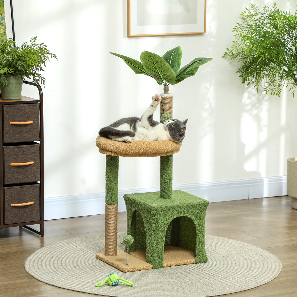 easycomfort easycomfort albero tiragraffi per gatti con casetta lettino e 2 palline in legno e poliestere 44x30x98 cm verde e marrone