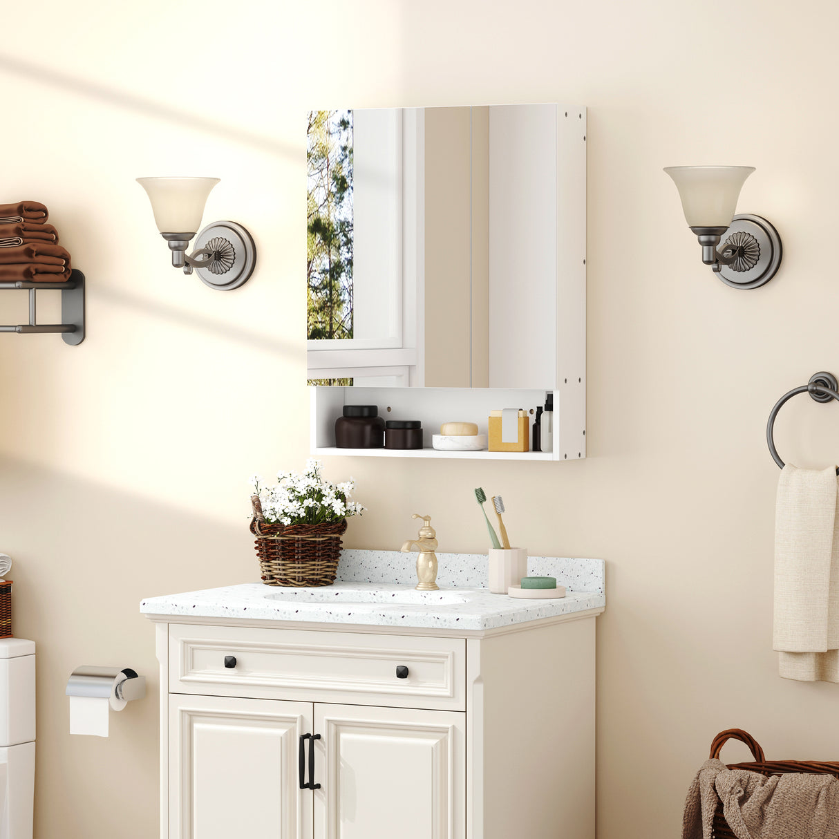 easycomfort easycomfort armadietto a specchio rettangolare montato a parete con credenze e ripiano regolabile in mdf e vetro 60x15x75cm bianco