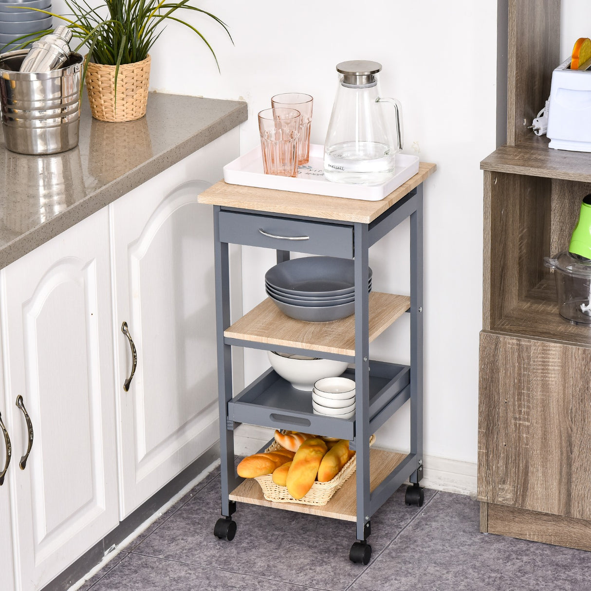 easycomfort easycomfort carrello da cucina portavivande con cassetto 2 ripiani e vassoio estraibile 37x37x76cm grigio