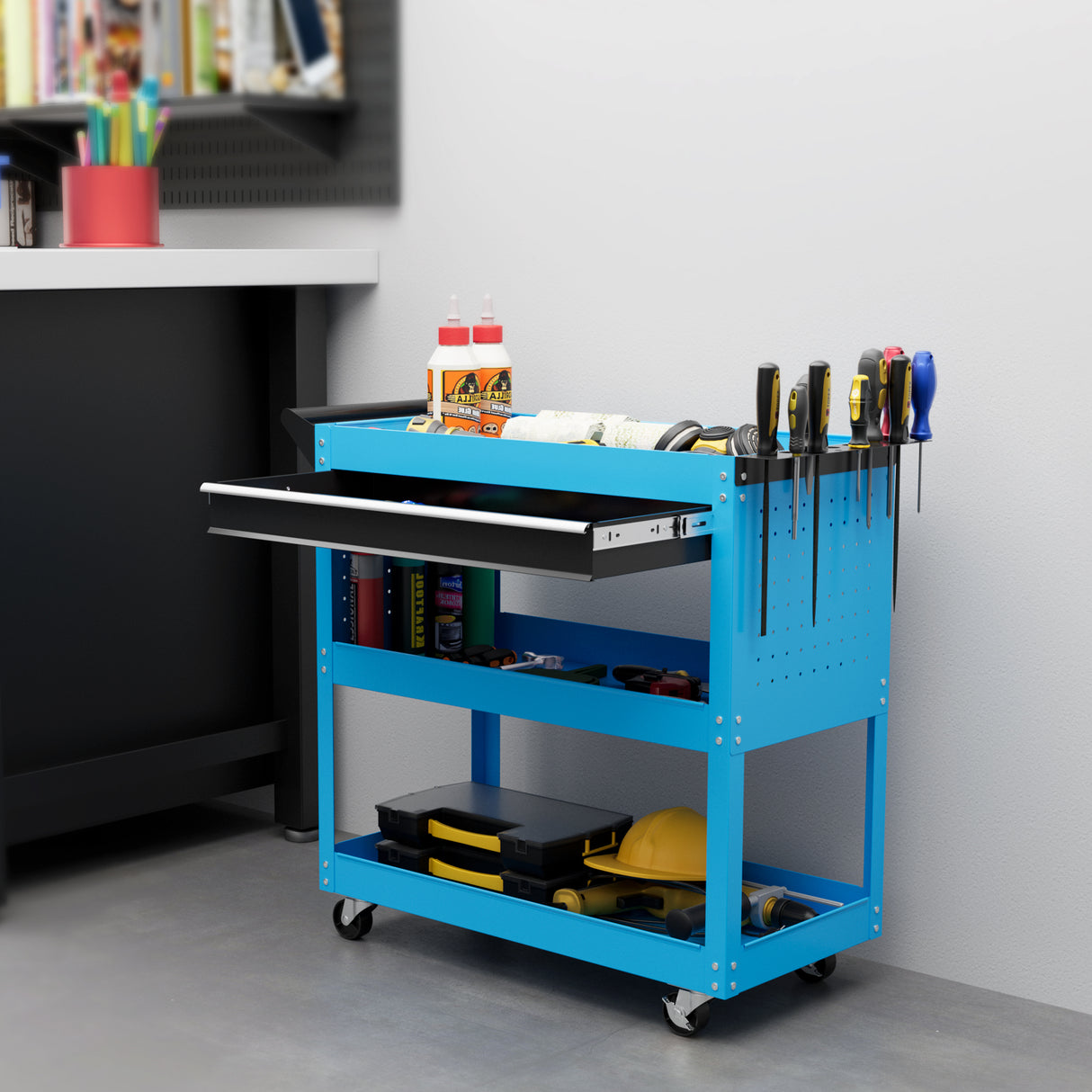 easycomfort easycomfort carrello porta attrezzi con manico laterale cassetto e 3 ripiani in acciaio 82x35x76 cm blu