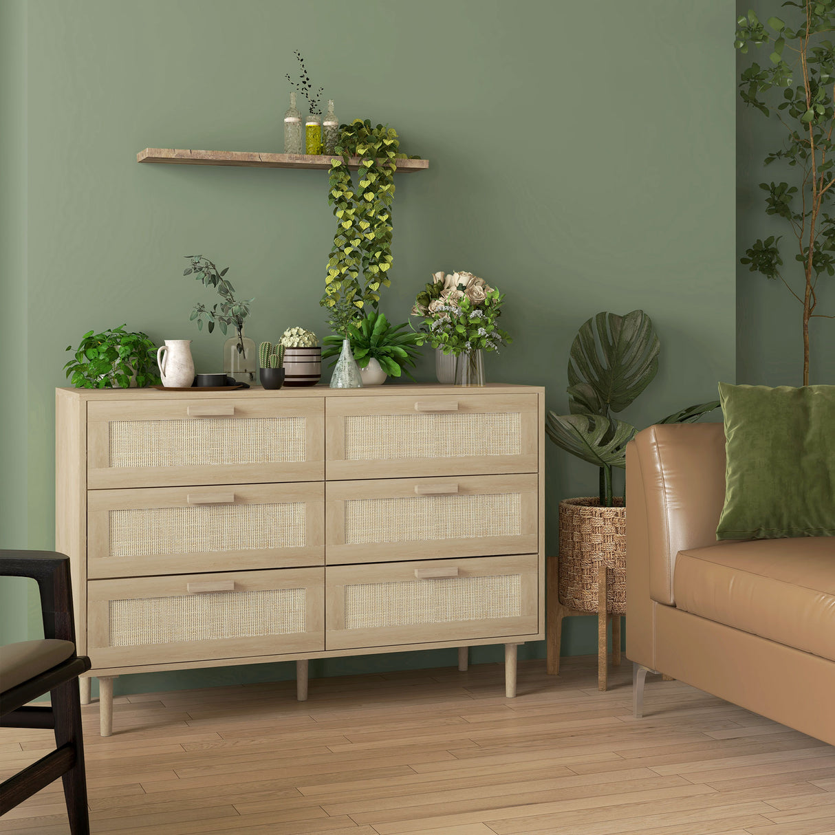 easycomfort easycomfort cassettiera 6 cassetti in legno e rattan stile boho per soggiorno e camera da letto 110x40x75 cm