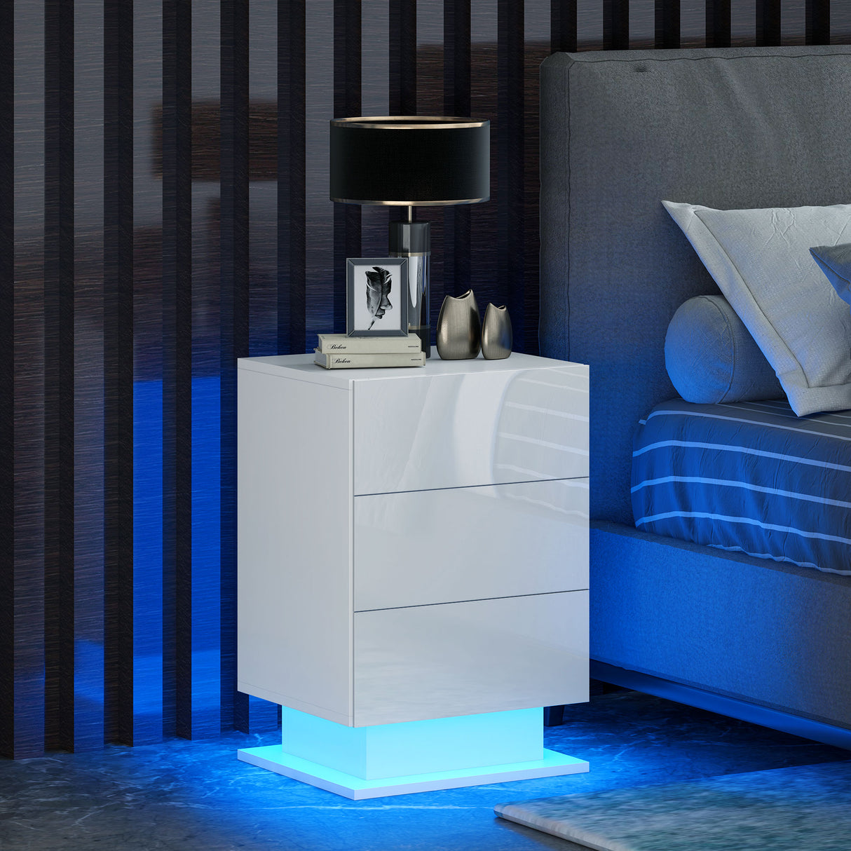 easycomfort easycomfort comodino moderno con luce led regolabile con telecomando e 3 cassetti 40x35x60 cm bianco lucido