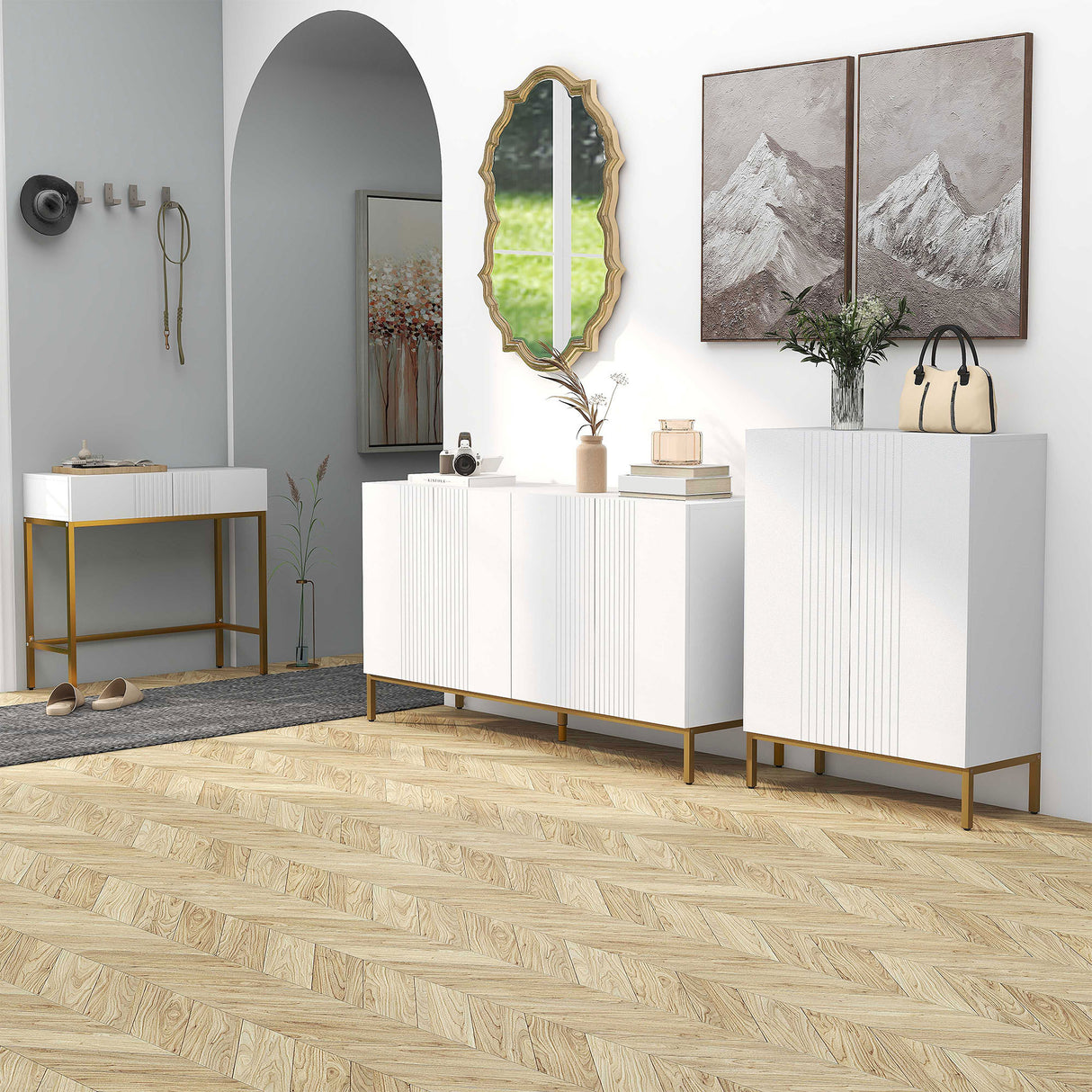 easycomfort easycomfort credenza moderna a 4 ante con chiusura ammortizzata e mensole regolabili 140x40x75cm bianco e oro