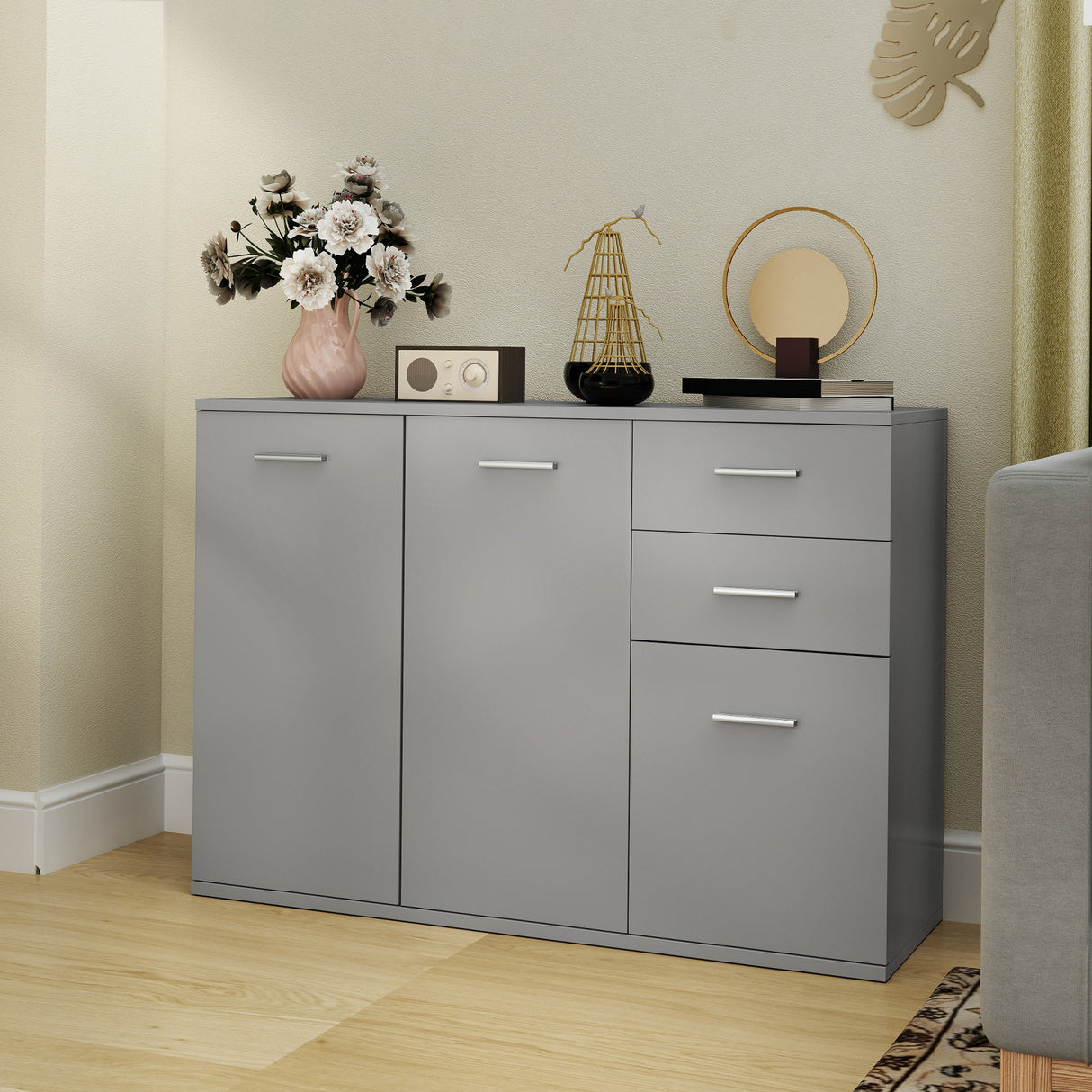 easycomfort easycomfort credenza moderna con 3 armadietti e 2 cassetti in legno 106x35x76 cm grigio chiaro