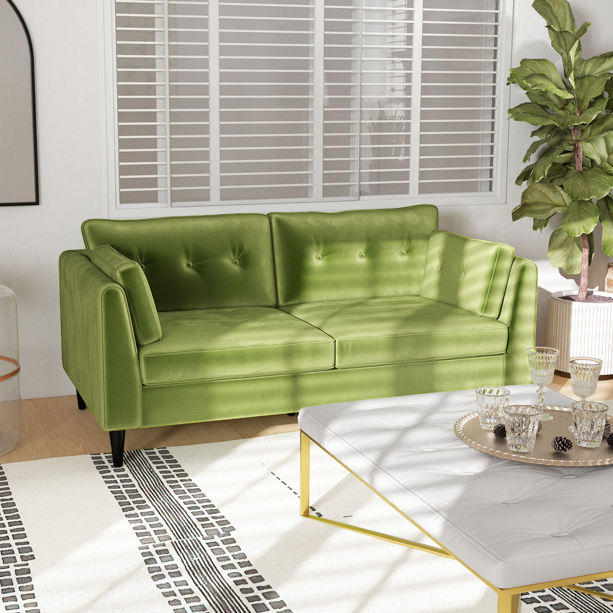 easycomfort easycomfort divano 2 posti classico in velluto con cuscini e trapuntato a bottoni 172x75x82cm verde