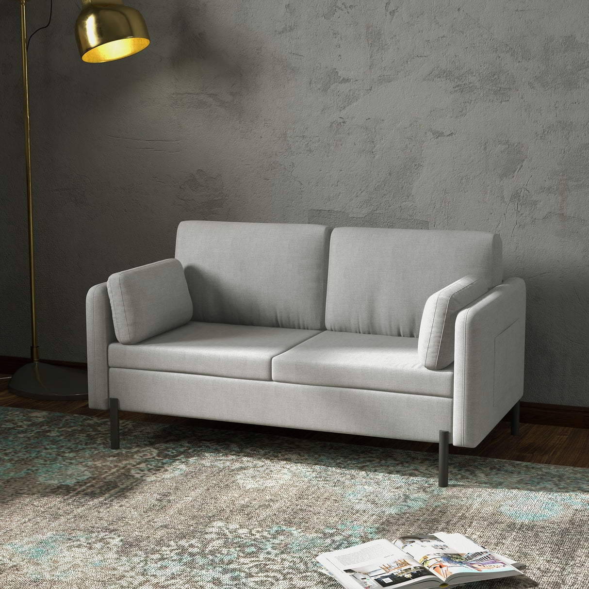 easycomfort easycomfort divano 2 posti per soggiorno in tessuto effetto lino e acciaio con tasche laterali 143x73x77cm grigio