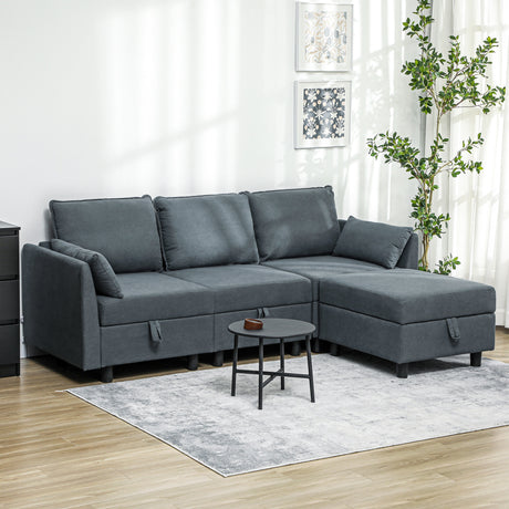 easycomfort easycomfort divano componibile modulare 3 posti con pouf poggiapiedi e cuscini rivestimento in flanella grigio scuro
