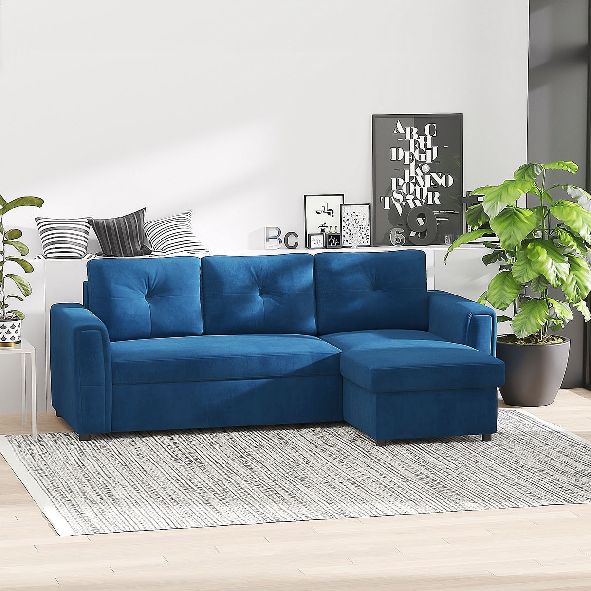 easycomfort easycomfort divano letto angolare 3 posti effetto velluto e chaise longue con contenitore 232x141x85cm blu