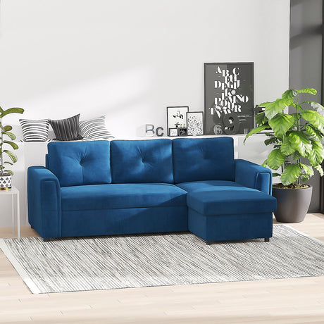 easycomfort easycomfort divano letto angolare 3 posti effetto velluto e chaise longue con contenitore 232x141x85cm blu