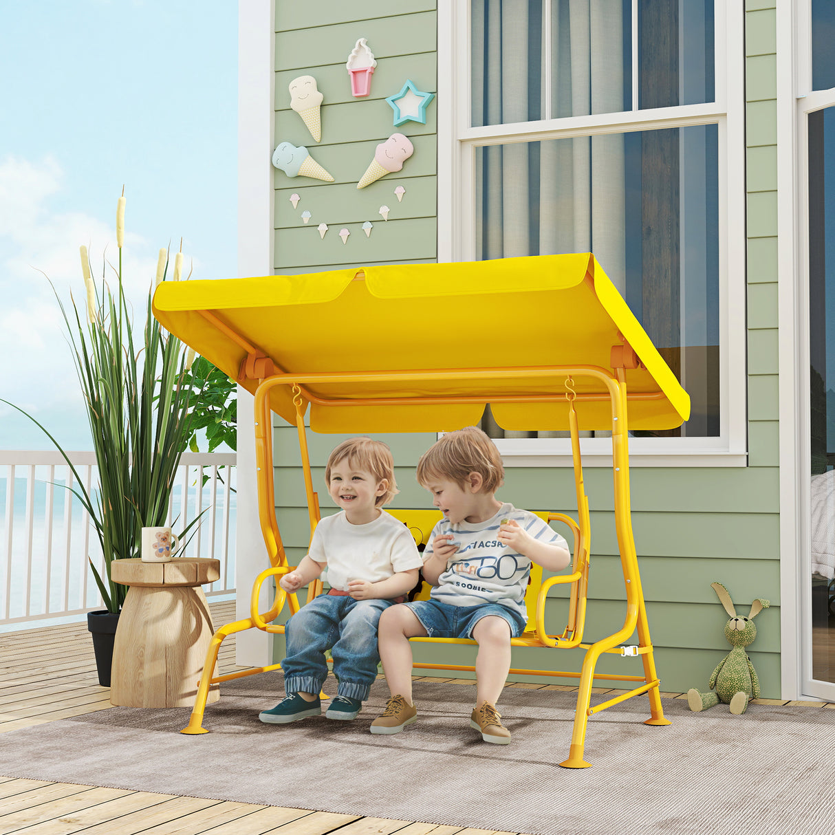 easycomfort easycomfort dondolo per bambini da esterno a 2 posti con tettuccio regolabile e cinture di sicurezza 112x75x120 cm giallo