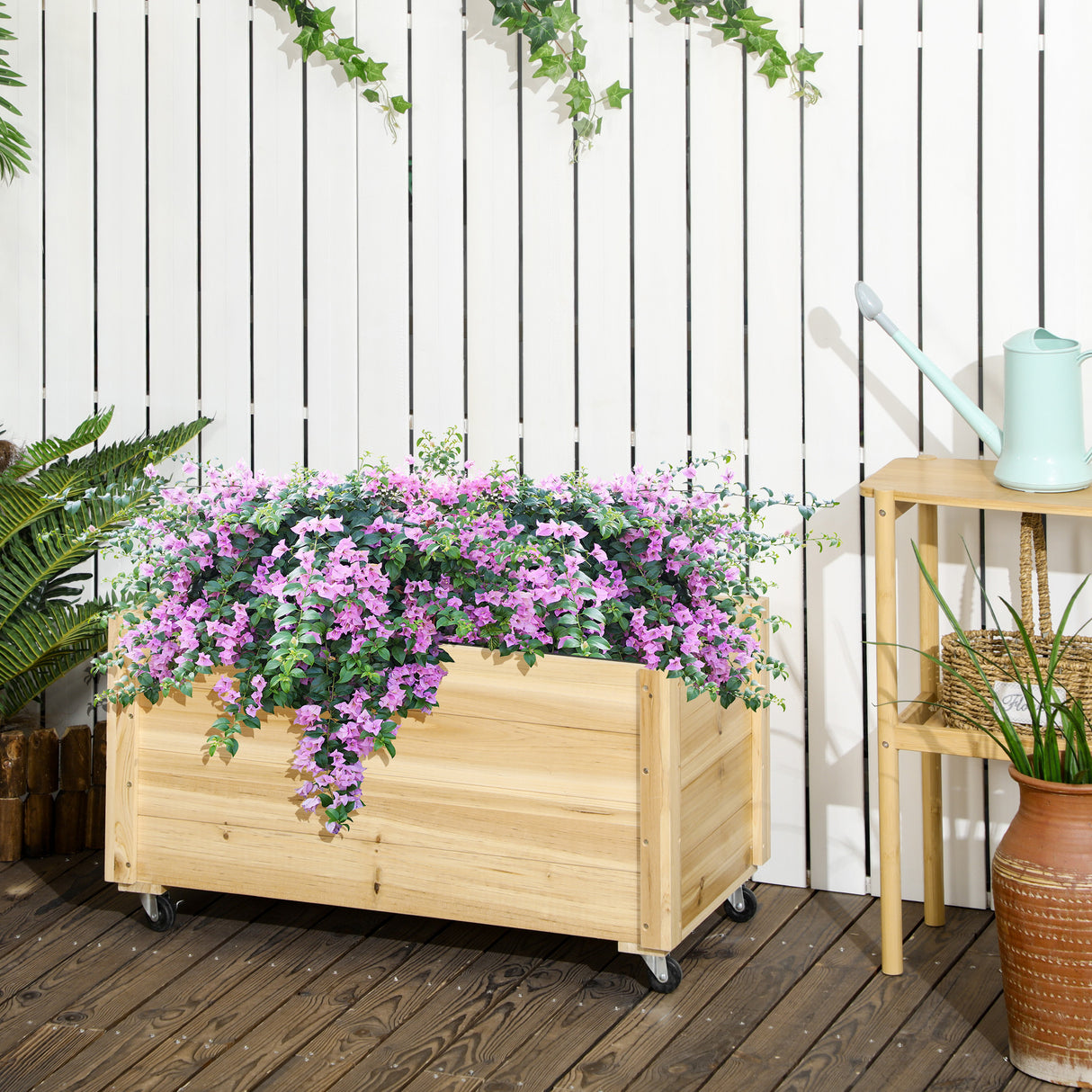 easycomfort easycomfort fioriera da giardino con foro di drenaggio e rotelle in legno di abete 89x48x47 cm