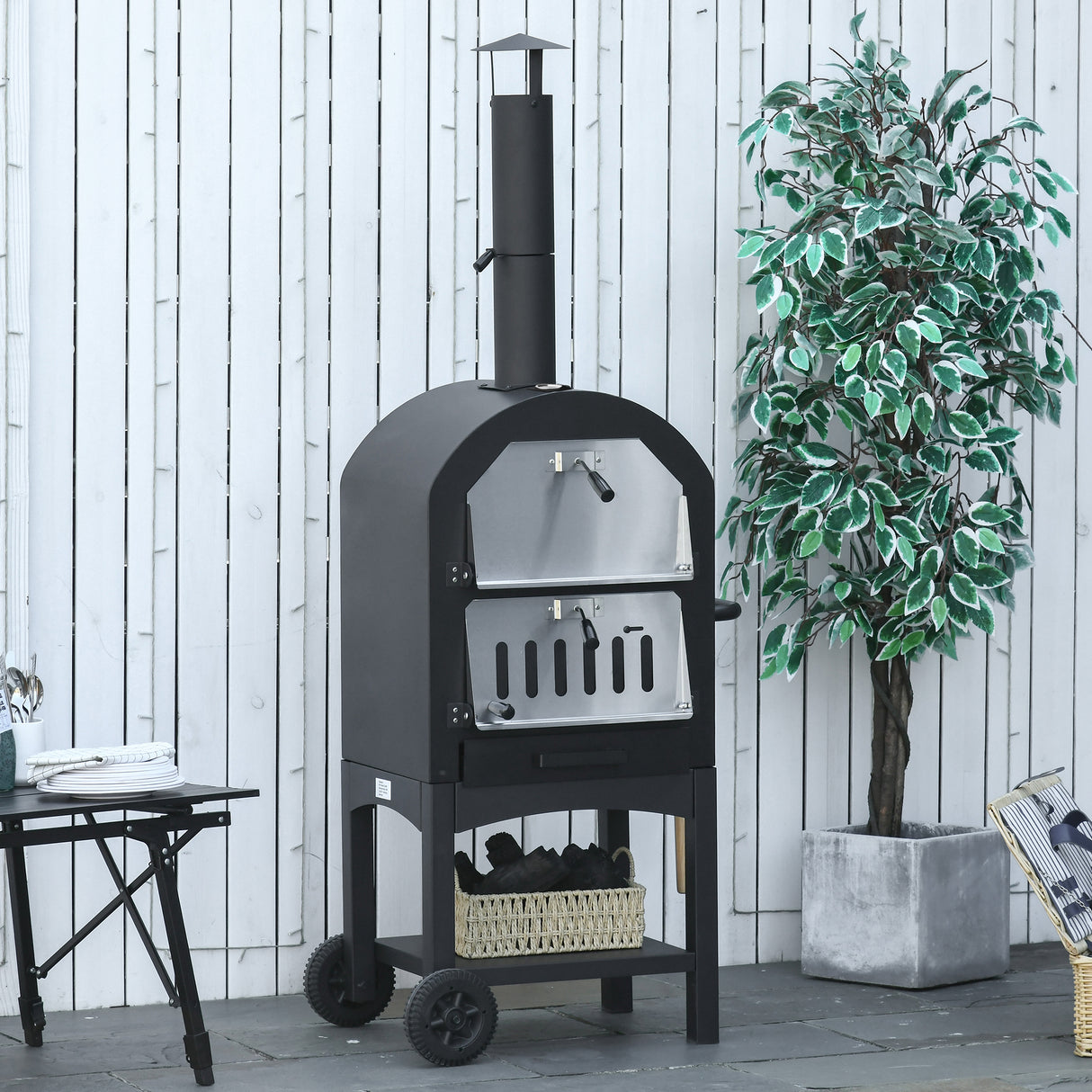 easycomfort easycomfort forno per pizza e barbecue a carbone portatile in acciaio con camino e ruote 63x54x161 cm nero