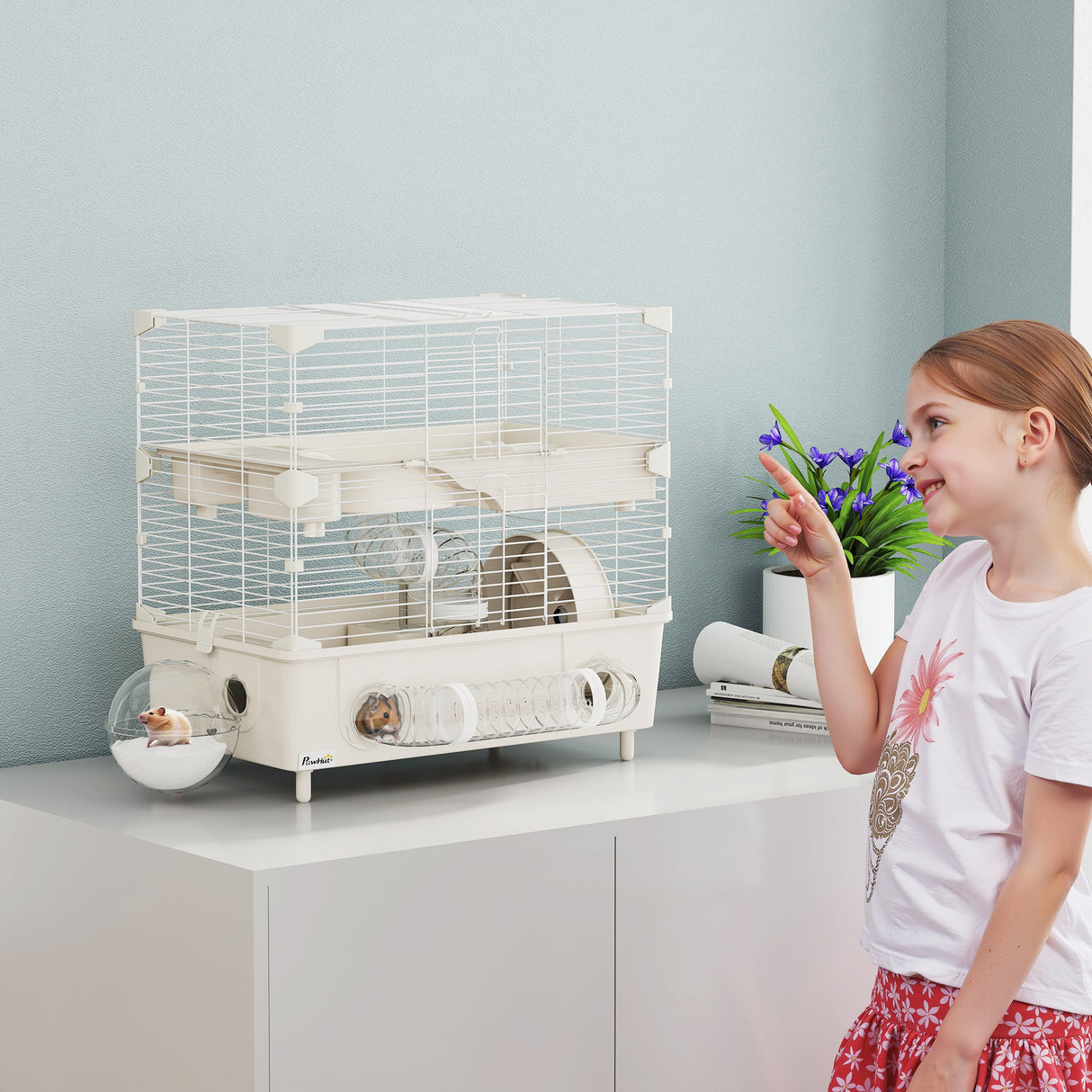 easycomfort easycomfort gabbia per criceti a 2 livelli e 3 porte con ruota e tubi in acciaio ps e pp 44 5x28x44 cm crema e bianco