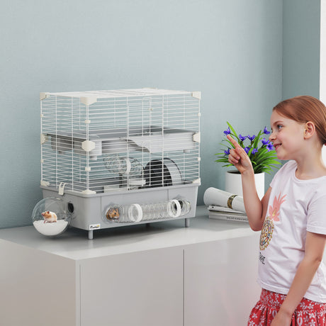 easycomfort easycomfort gabbia per criceti a 2 livelli e 3 porte con ruota e tubi in acciaio ps e pp 44 5x28x44 cm grigio e bianco