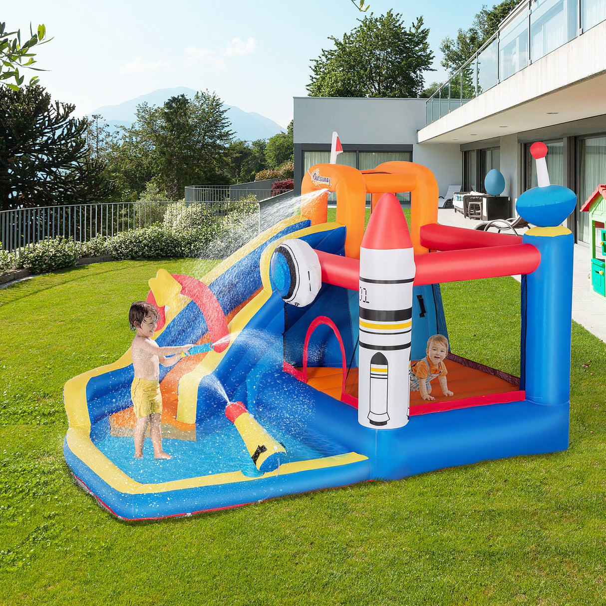 easycomfort easycomfort gioco gonfiabile per bambini 3 8 anni a tema spazio con borsa 11 paletti e toppe inclusi 340x270x227 cm