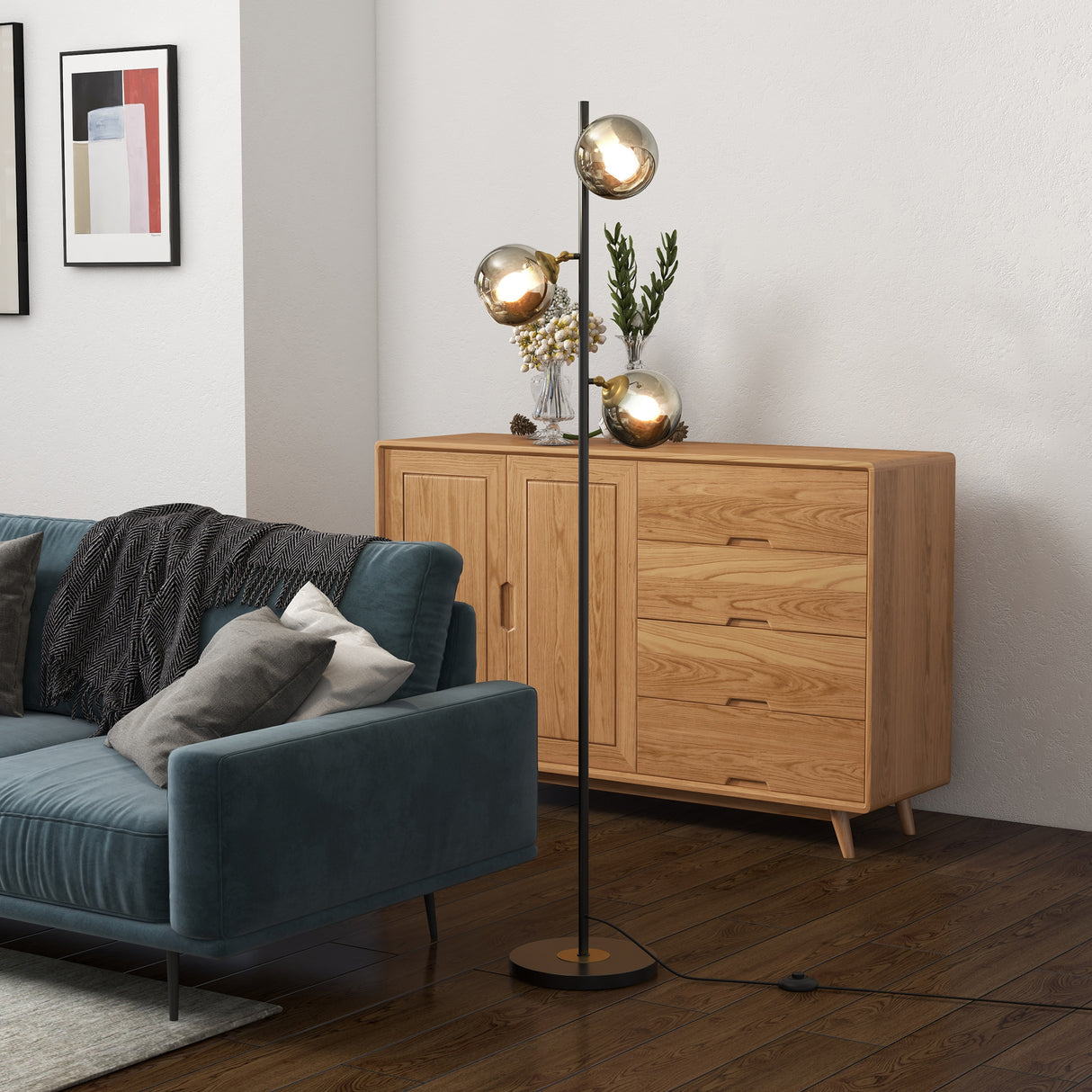 easycomfort easycomfort lampada da terra in metallo ad albero con 3 paralumi in vetro 36x162 cm nero e grigio