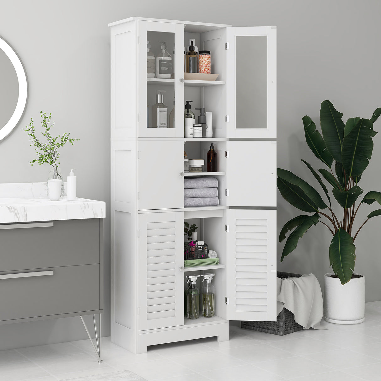 easycomfort easycomfort mobile colonna bagno con 3 armadietti e ante in vetro e a persiana 60x30x170 5cm bianco