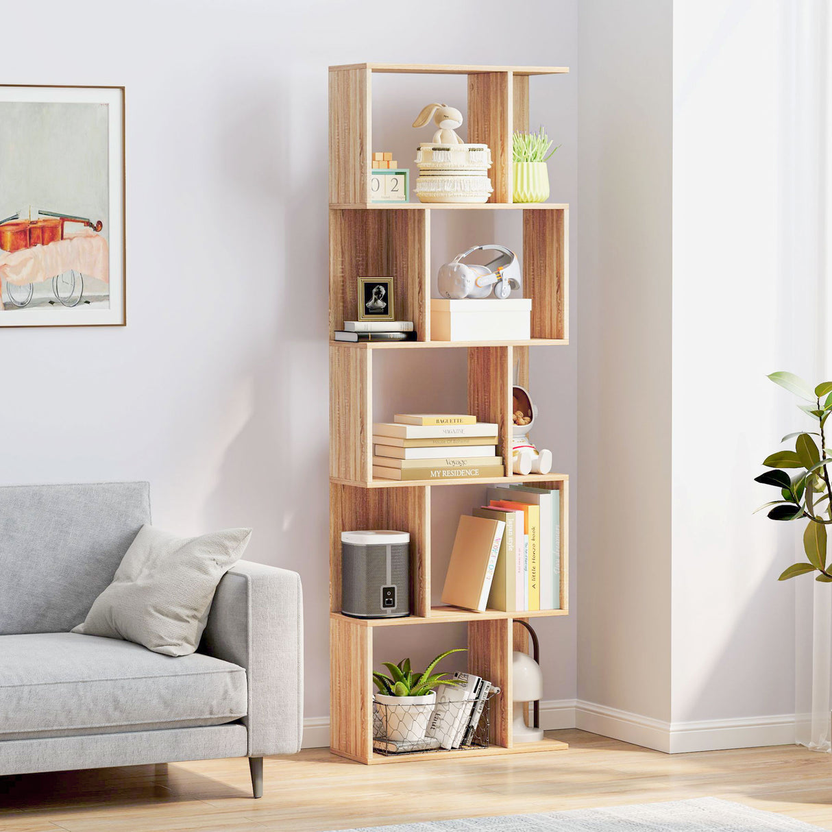 easycomfort easycomfort mobile libreria in legno a 5 ripiani con divisorio 60x24x184 5 cm color legno