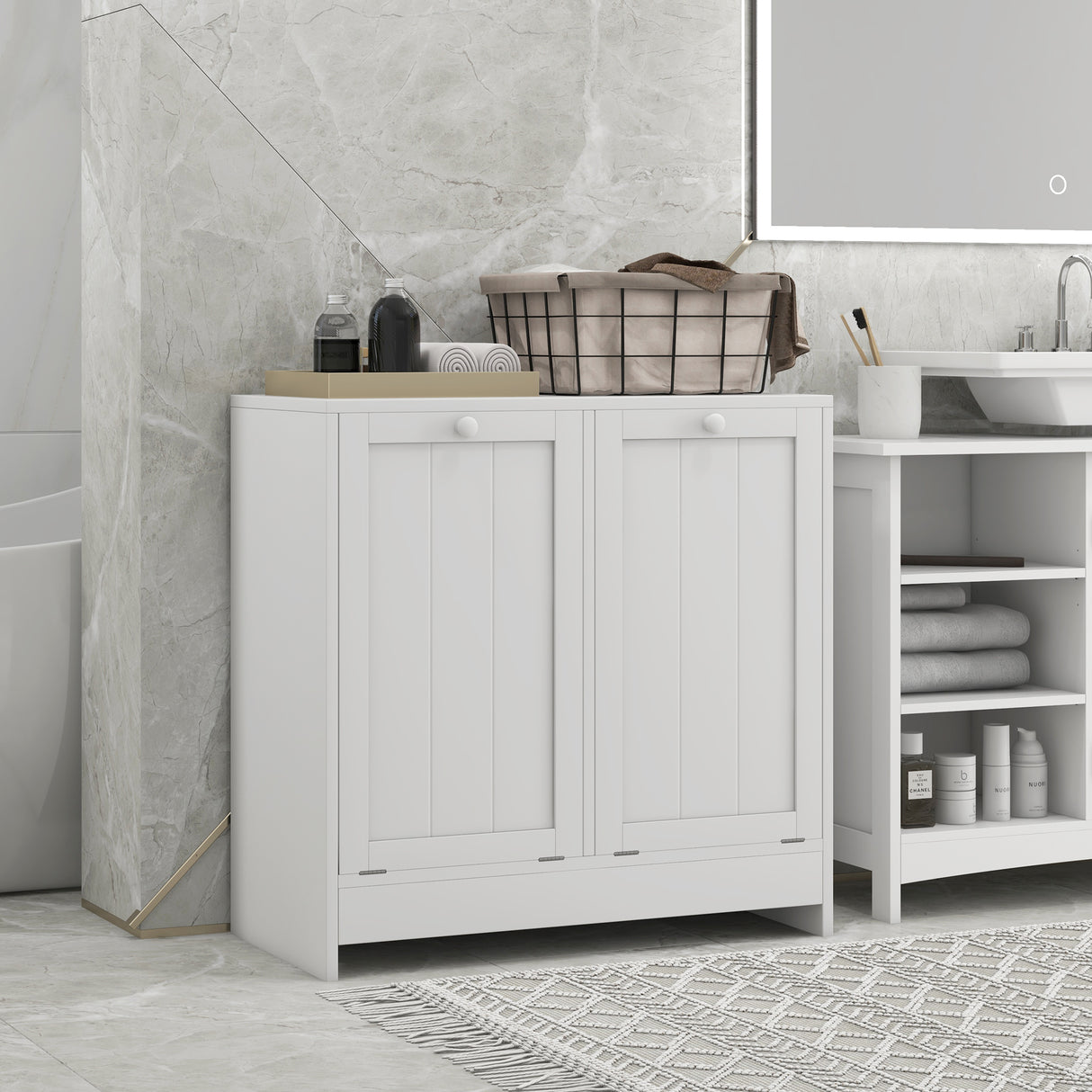 easycomfort easycomfort mobile portabiancheria con 2 scomparti a ribalta in legno 66x33x68cm bianco
