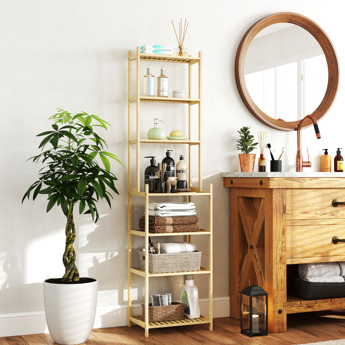 easycomfort easycomfort mobile scaffale bagno a 7 ripiani portaoggetti in bambu 44x33x180 cm color legno