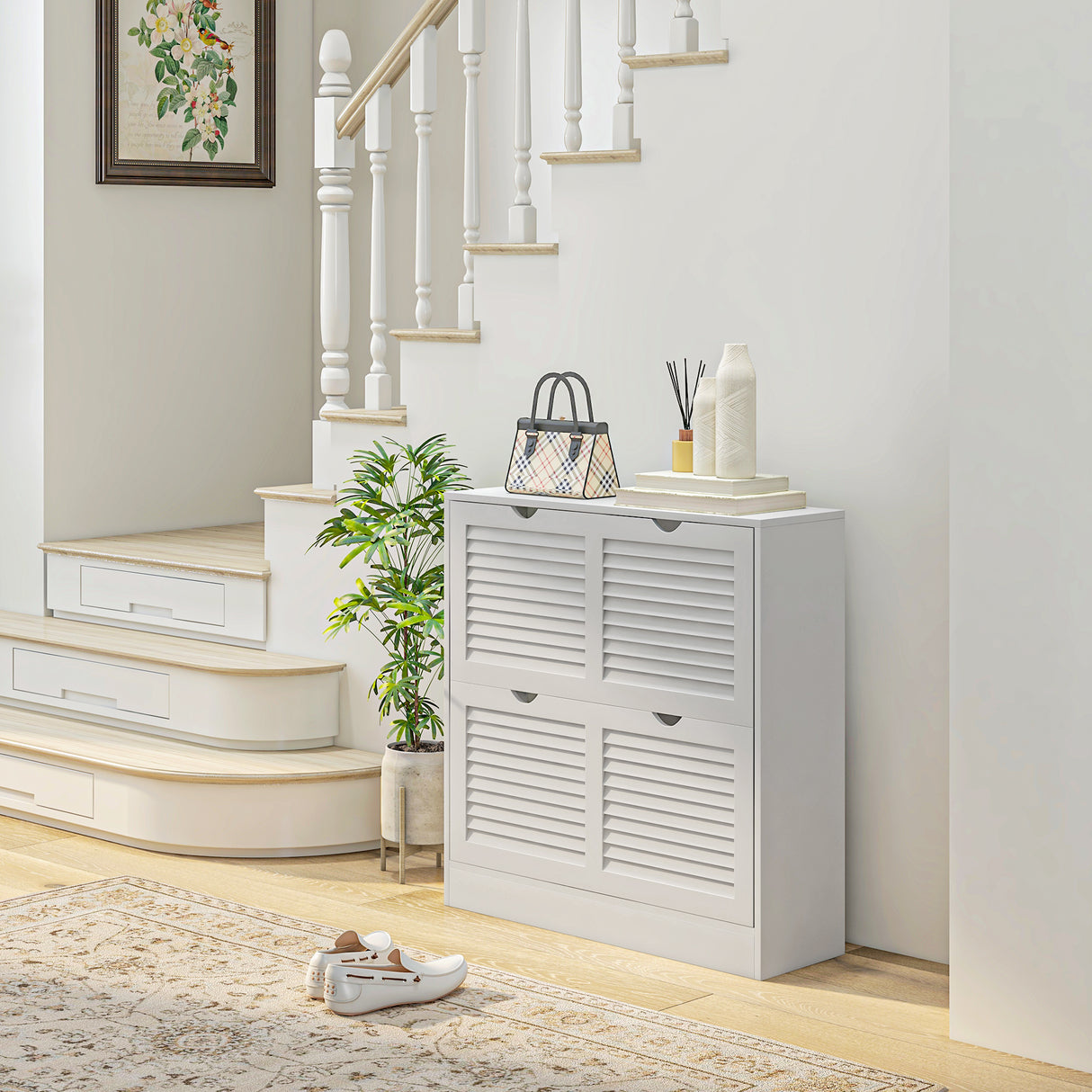 easycomfort easycomfort mobile scarpiera salvaspazio in legno per 16 paia di scarpe con 2 ante a ribalta 81 5x25x83cm bianco