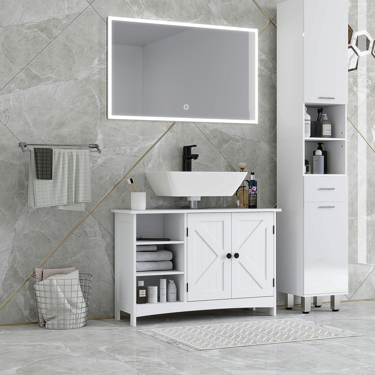 easycomfort easycomfort mobile sotto lavabo bagno con armadietto a 2 ante e 3 ripiani aperti in legno 90x30x60cm bianco