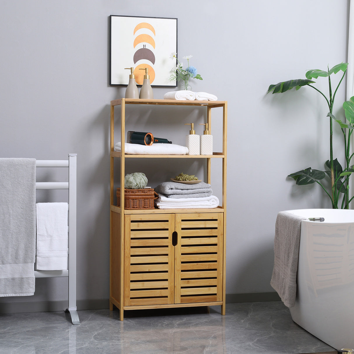 easycomfort easycomfort mobiletto bagno con 2 ripiani aperti e armadietto a 2 ante in bambu 60x30x120cm