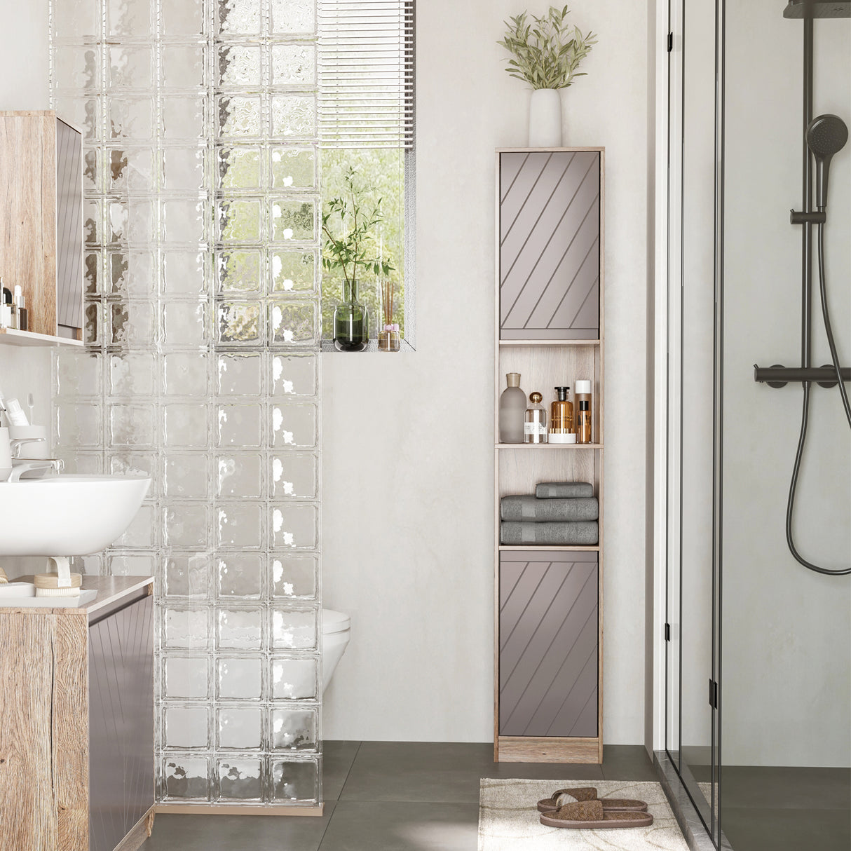 easycomfort easycomfort mobiletto salvaspazio per bagno in legno mobile da bagno con 2 armadietti e 6 ripiani grigio e rovere design a torre 30 x 24 x 170cm ean 8054111847469
