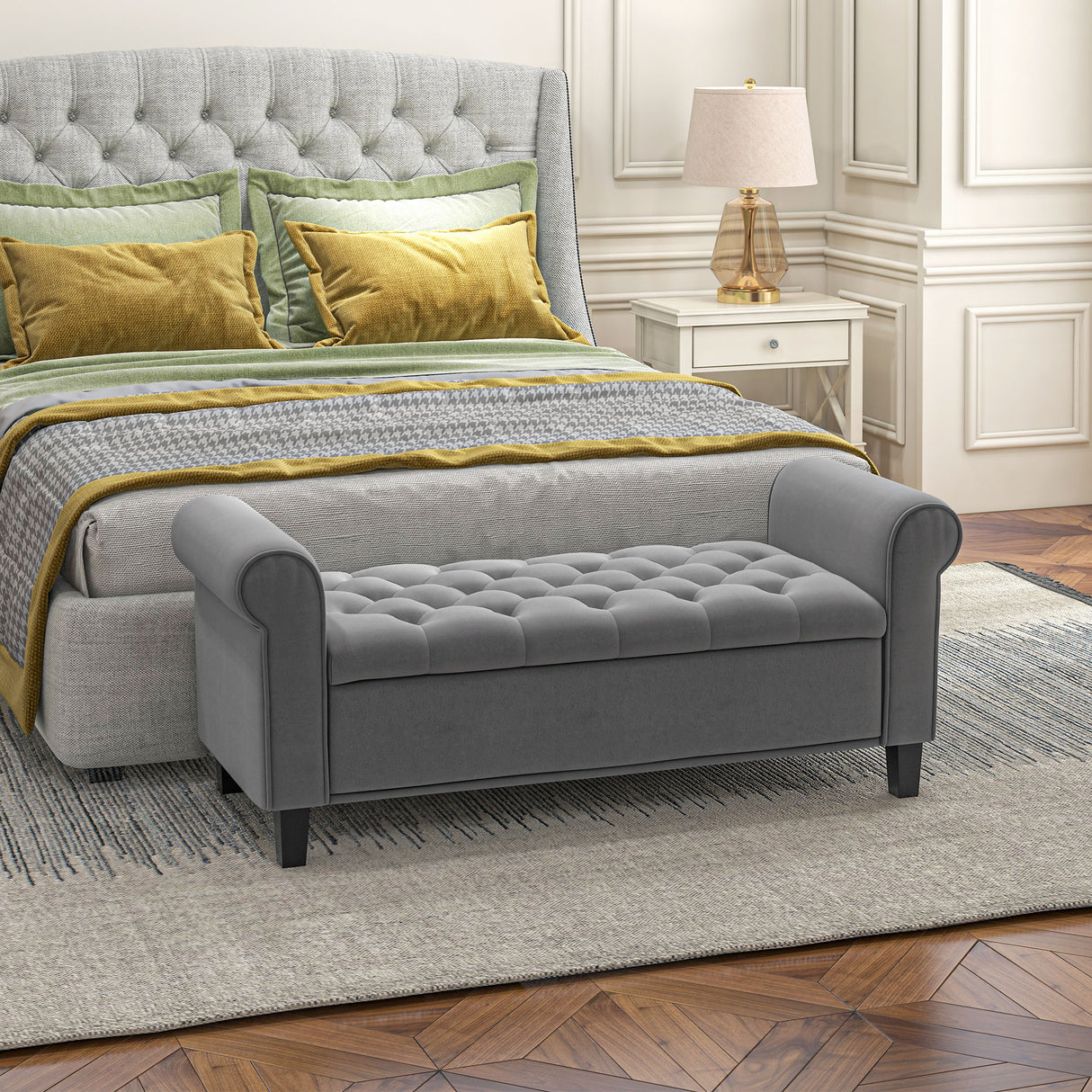 easycomfort easycomfort panca fondo letto in tessuto vellutato con spazio portaoggetti e braccioli 126x48 5x57 cm grigio