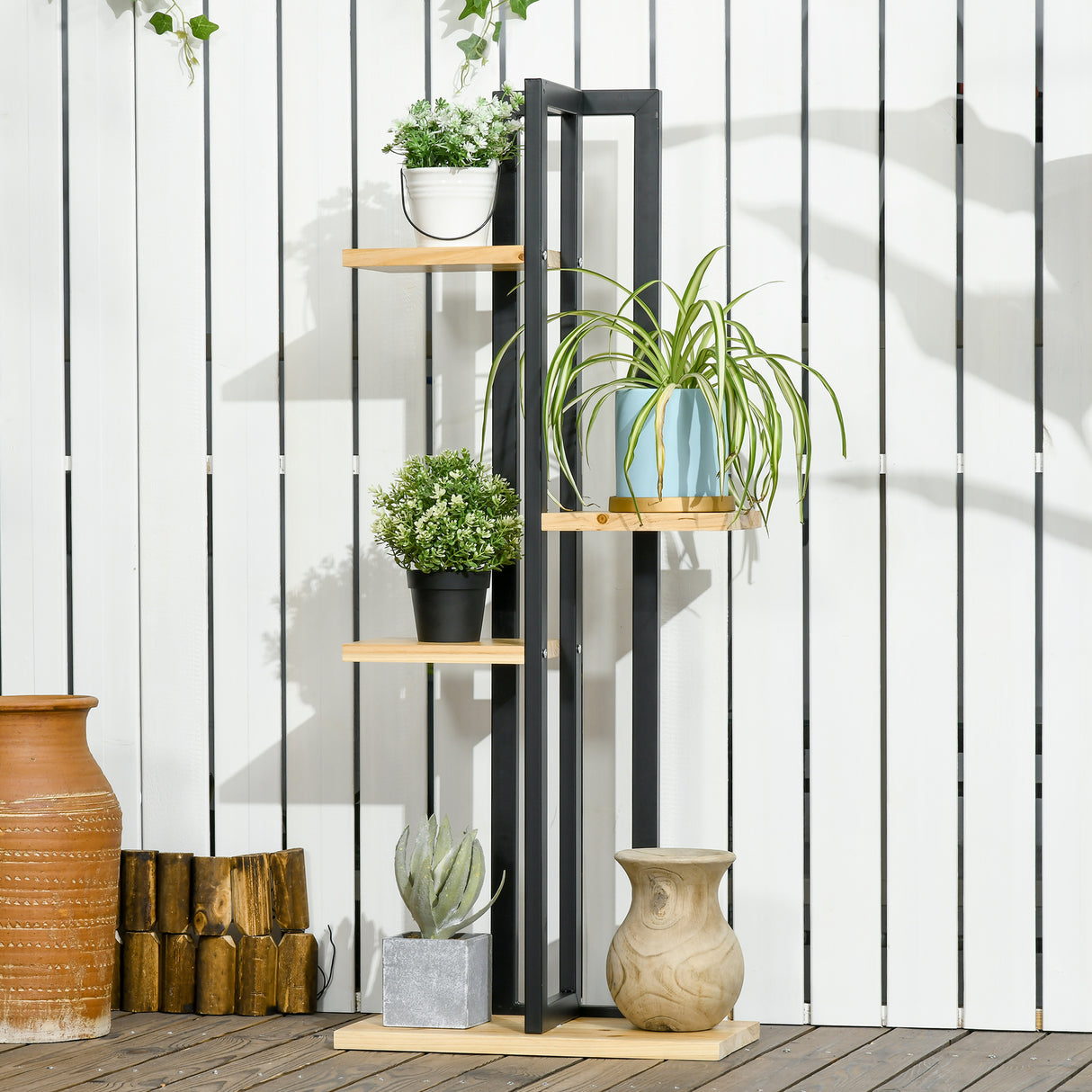 easycomfort easycomfort portapiante a 4 ripiani dallo stile industriale in legno di abete e metallo 45x25x110 cm nero e color legno