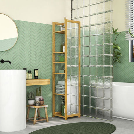 easycomfort easycomfort scaffale da bagno con specchio e 6 ripiani a doghe in bambu 35x35x168cm colore legno