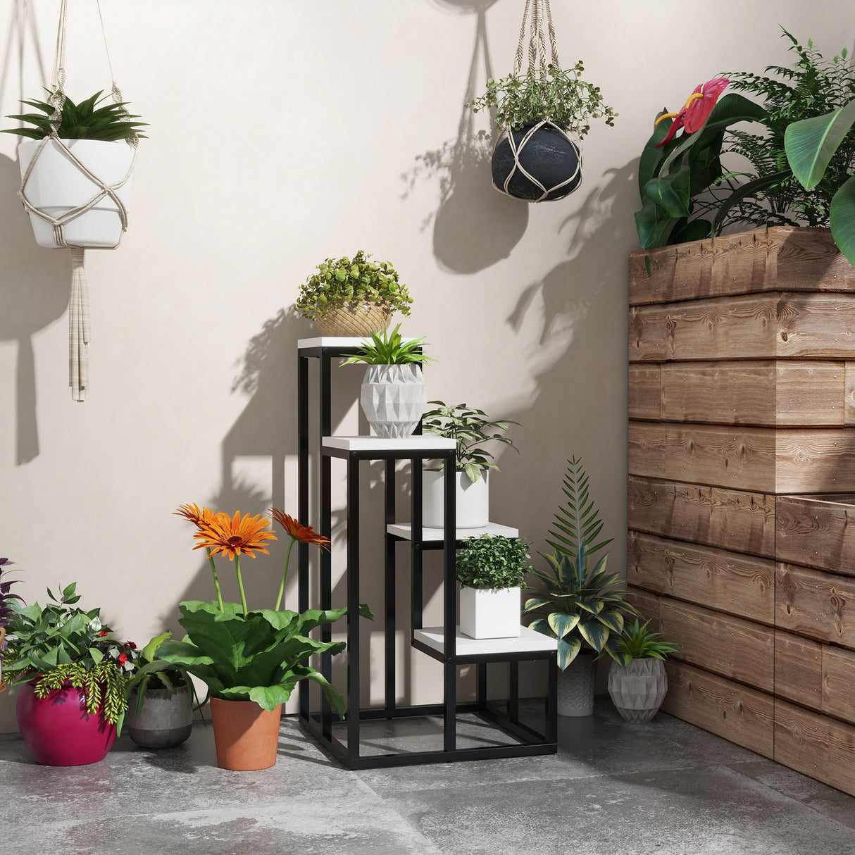 easycomfort easycomfort scaffale per piante a 4 livelli in acciaio e legno 34x34x70cm bianco e nero