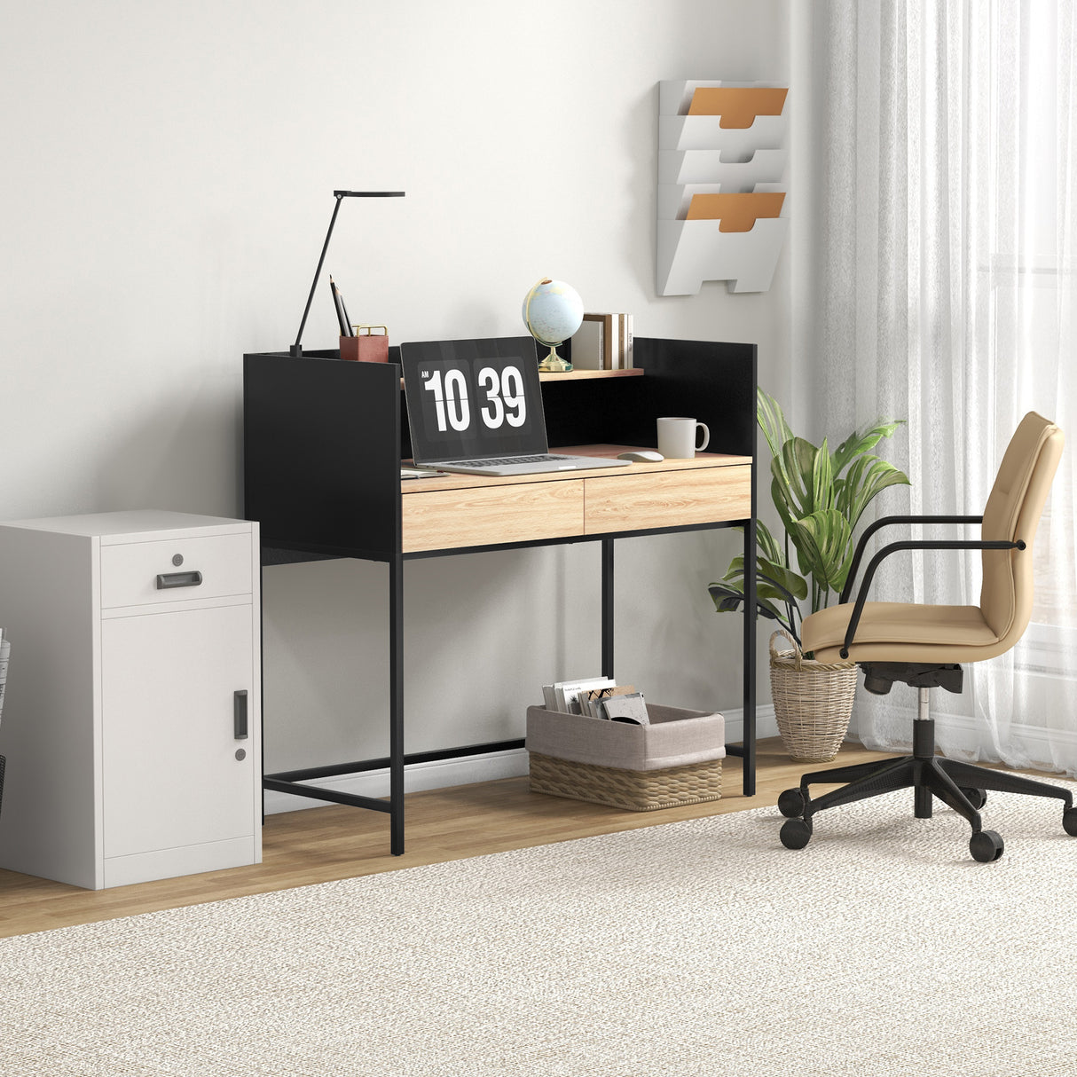 easycomfort easycomfort scrivania 2 cassetti con ripiano superiore in legno e acciaio 106x51 5x102 5 cm nero e color quercia