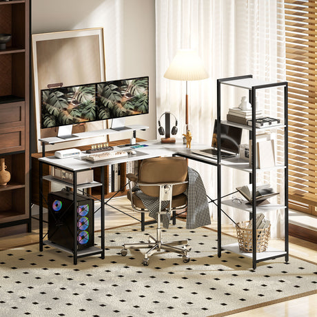 easycomfort easycomfort scrivania angolare con presa elettrica e usb scaffale e supporto per monitor bianco e nero