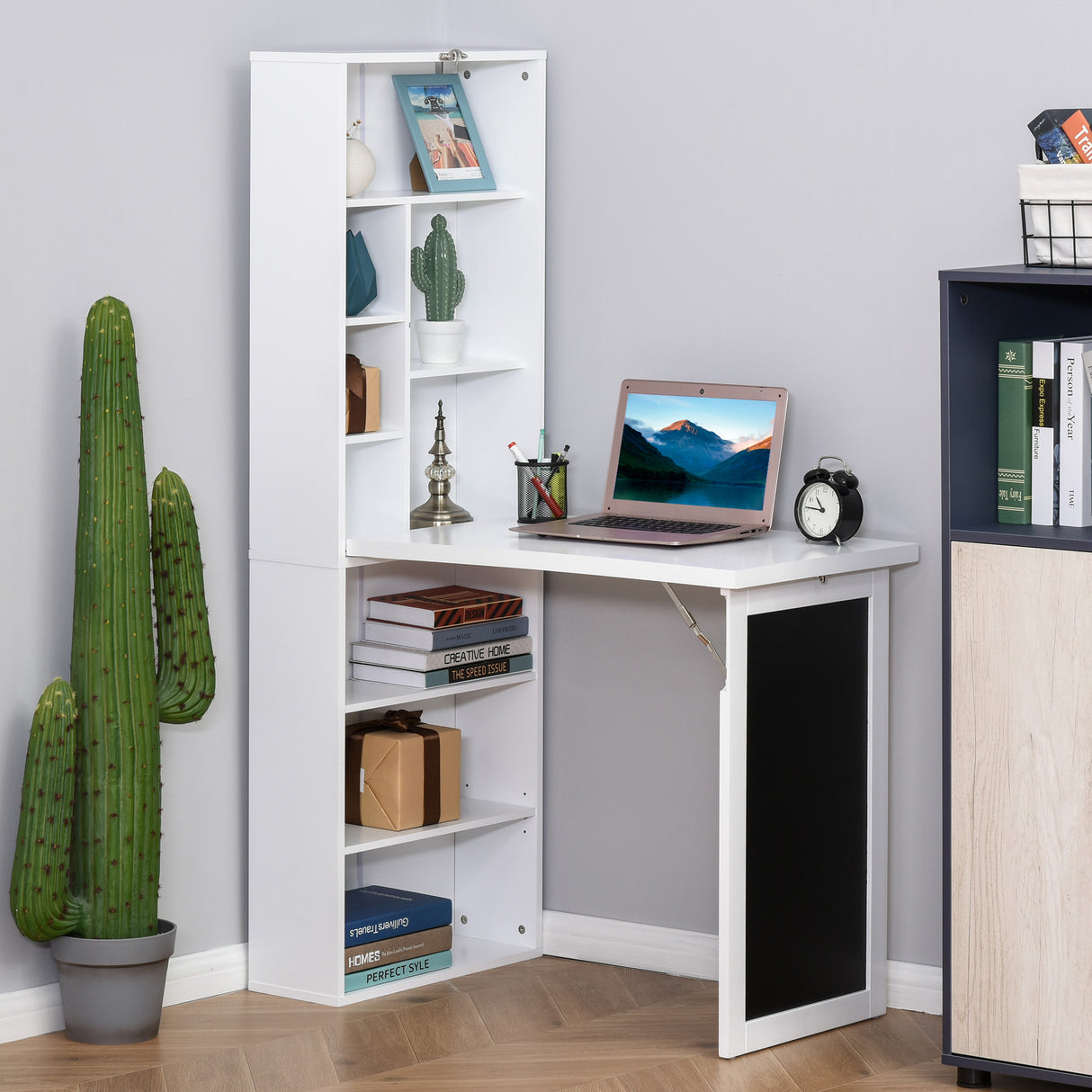 easycomfort easycomfort scrivania pc pieghevole con libreria a 9 ripiani in legno e metallo 98x51x153 cm bianco ean 8054111849425