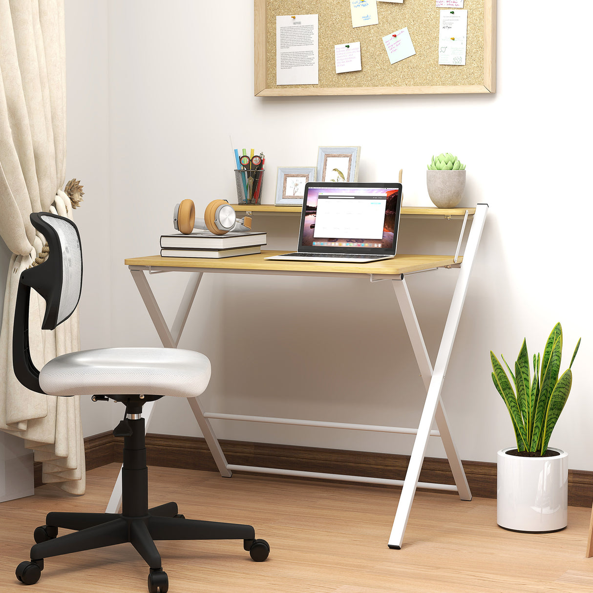 easycomfort easycomfort scrivania pieghevole con ripiano rialzato e gambe a x in legno e acciaio 86x66x82 cm bianco e color legno