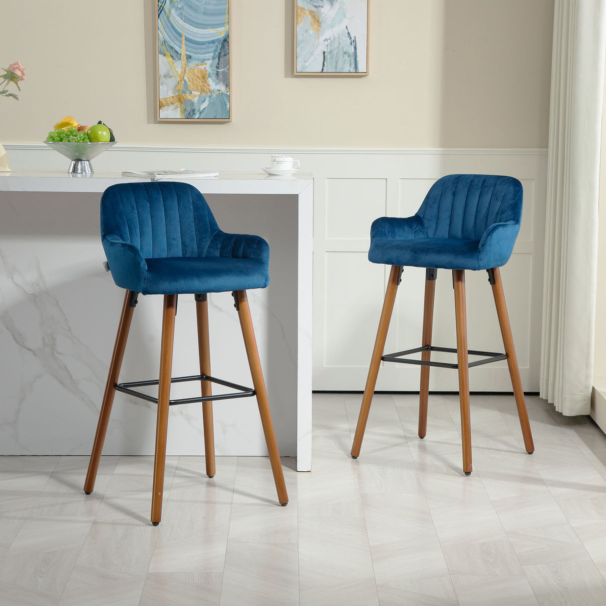 easycomfort easycomfort set 2 sgabelli da bar moderni in velluto con schienale e braccioli base in legno e poggiapiedi blu scuro