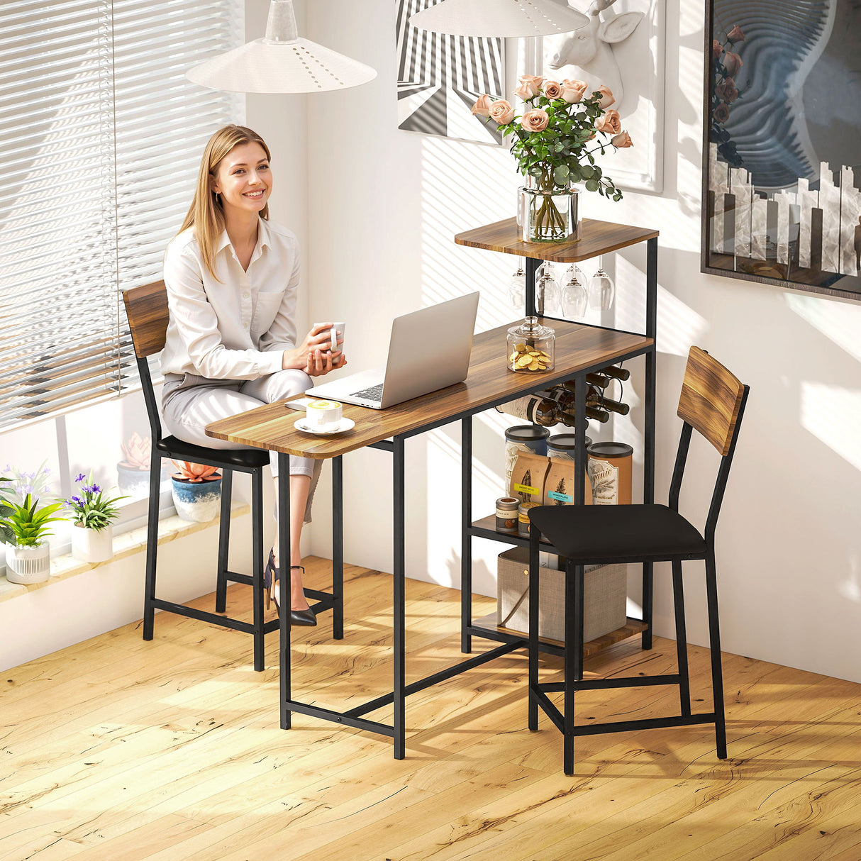 easycomfort easycomfort set bancone bar pieghevole e 2 sgabelli alti con schienale portavini e portacalici marrone