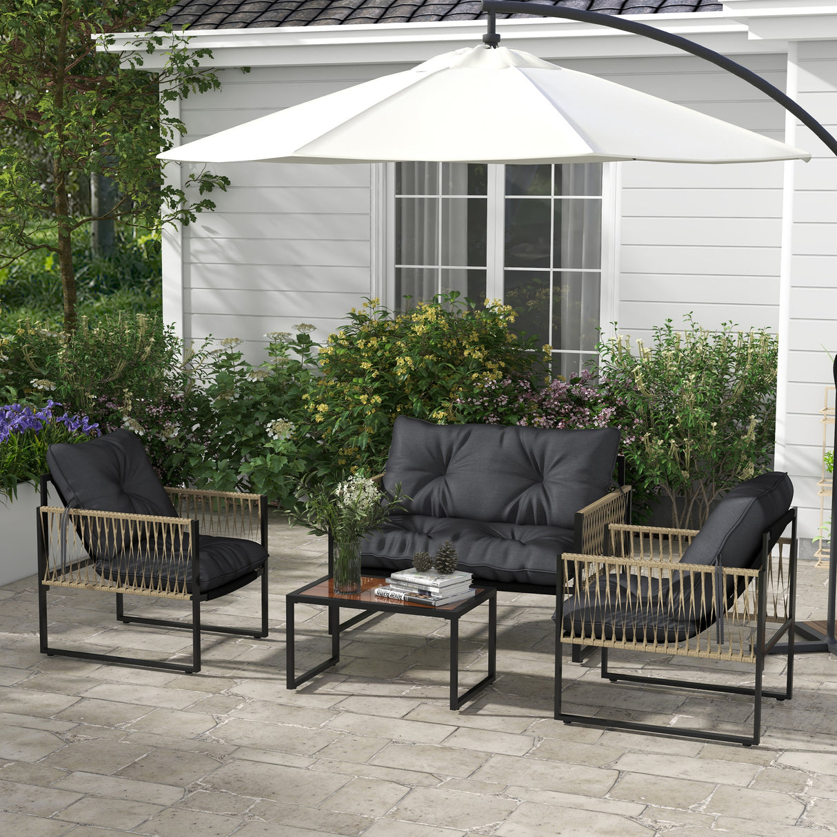 easycomfort easycomfort set da giardino 4 pezzi in rattan con divanetto 2 sedie e tavolino da caffe grigio e marrone