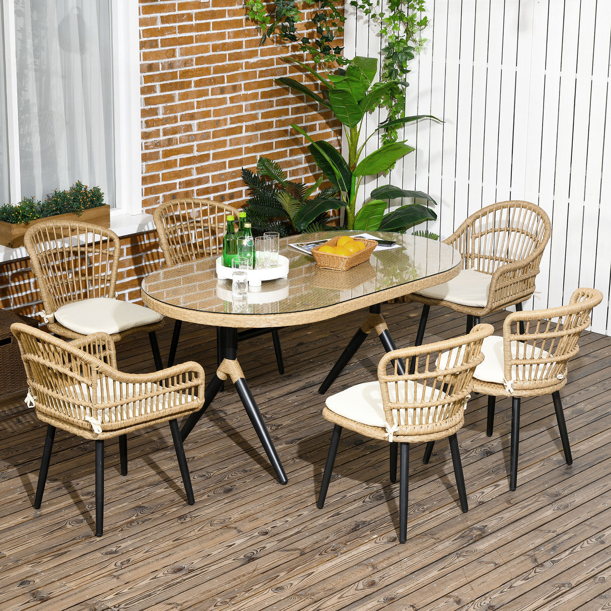 easycomfort easycomfort set da giardino 7 pezzi in rattan pe con tavolo da pranzo 153x89x74 cm e 6 sedie 52x62x78 cm con cuscini
