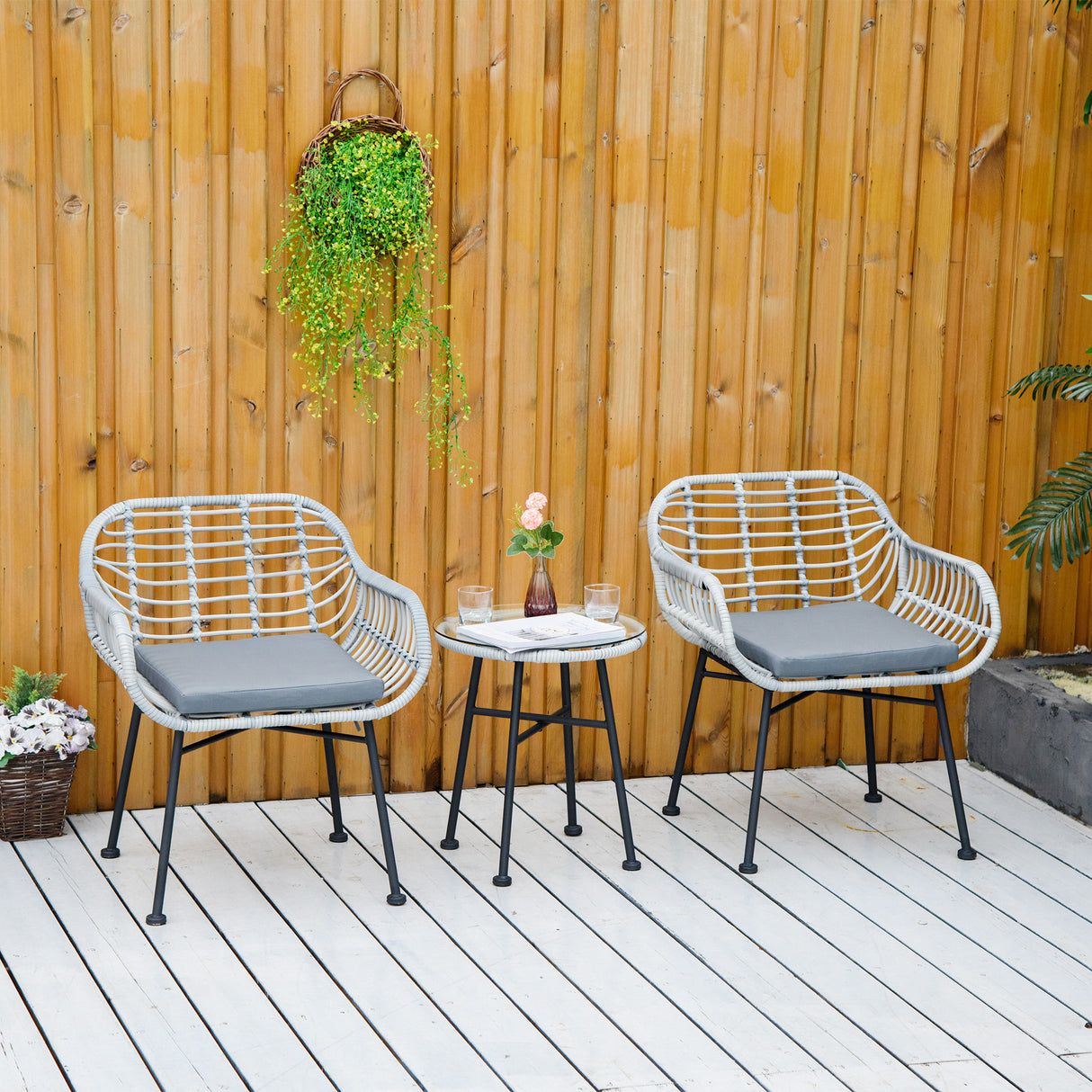 easycomfort easycomfort set mobili da giardino in rattan pe con 2 sedie e tavolino con ripiano in vetro grigio