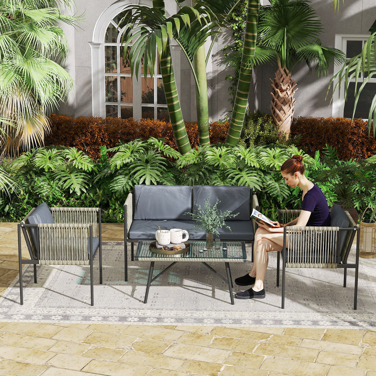 easycomfort easycomfort set salotto da giardino in rattan con 2 poltrone divanetto 2 posti e tavolino da caffe in vetro grigio