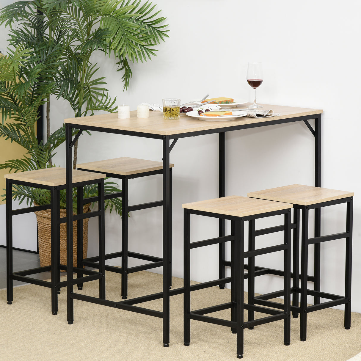 easycomfort easycomfort set tavolo alto con 4 sgabelli stile industriale in metallo e legno rovere chiaro