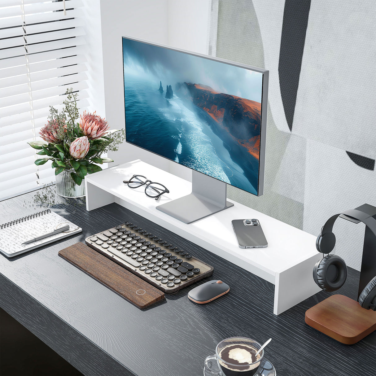 easycomfort easycomfort supporto per monitor con 2 vani contenitore in legno 100x27x15 cm bianco
