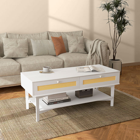 easycomfort easycomfort tavolino da caffe boho con 2 cassetti e ripiano in rattan e truciolato 120x50x50 cm bianco e color legno
