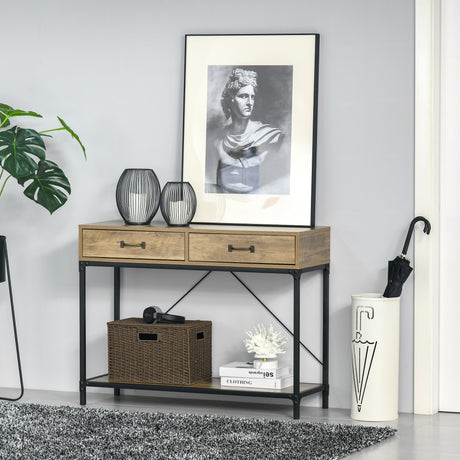 easycomfort easycomfort tavolo consolle stile vintage in metallo e legno con 2 cassetti e mensola 100x35x76 5cm marrone